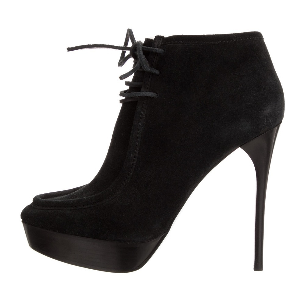 NEW BURBERRY PRORSUM Black suede leather laceup shearling heel booties EU 40